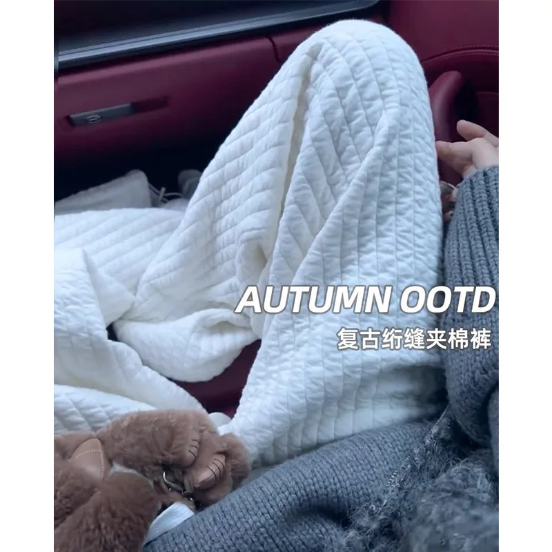 

Белые стеганые широкие брюки для женщин, осенние и зимние новые свободные флисовые спортивные штаны прямого кроя, повседневная верхняя одежда, L