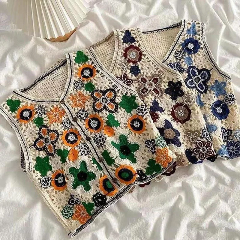 Boring Honey Retro National Style Beaded Crocheted Blouse  Flower V-Neck Top Women Summer Hollow Thin Single-Breasted Cardigan