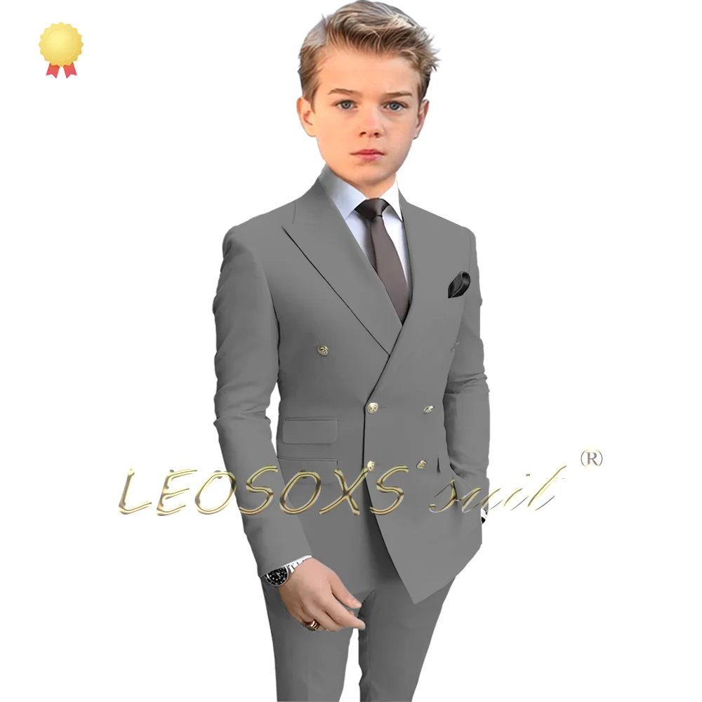 Boys' Party Dress 2-Piece Set, Latest Style Peak Lapel Children's Suit, Gold Buttons, Fashionable Double-Breasted Suit Set.
