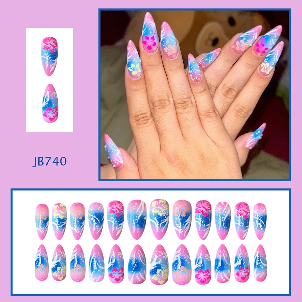 24 قطعة التدرج الوردي الأزرق الأظافر كاذبة الخيال اللوز النساء الفتيات يمكن ارتداؤها الأظافر وهمية زهرة مطبوعة اللؤلؤ Desings اضغط على الأظافر