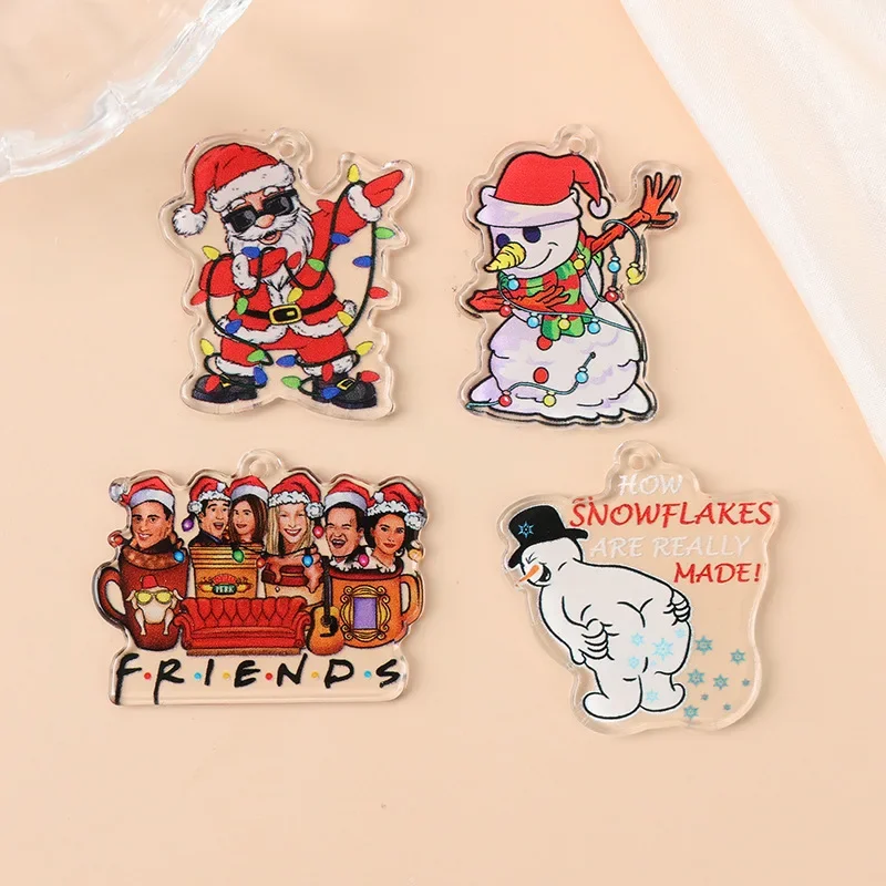 Friends Acrylic Charms Earrings Christmas Snow Man Santa Clause Charm Pendant For DIY Earring Jewelry Accessories Wholesale 5PCS