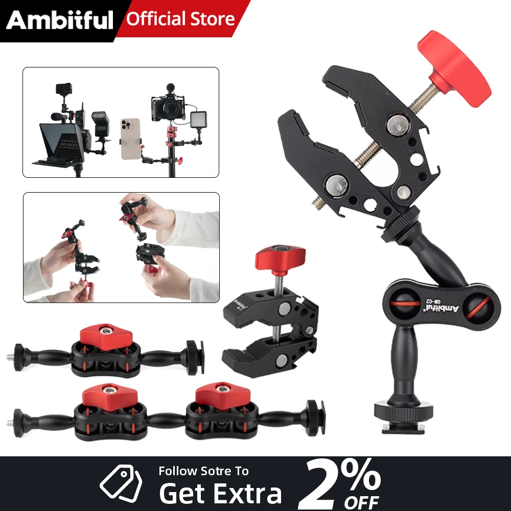 AMBITFUL 360 °   Braço Mágico com Cabeça Esférica Dupla e Kit Super Clamp, Adaptador Multiuso com Rosca de 1/4'' e Cold Shoe para Monitor, Luz LED e Câmera