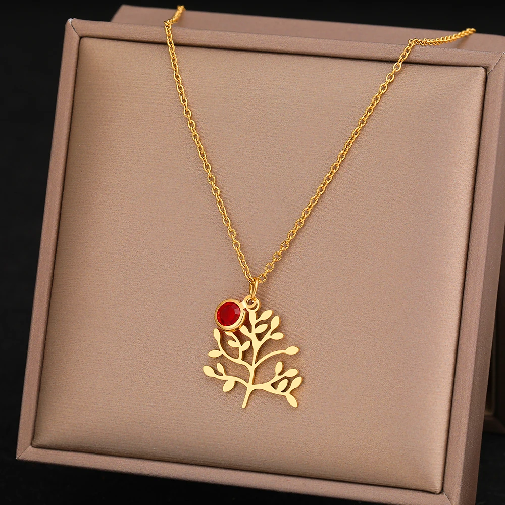 Stainless Steel Necklaces Vintage Fortune Tree Antique Delicate Crystal Red Zircon Pendant Chain Fine Necklace For Women Jewelry