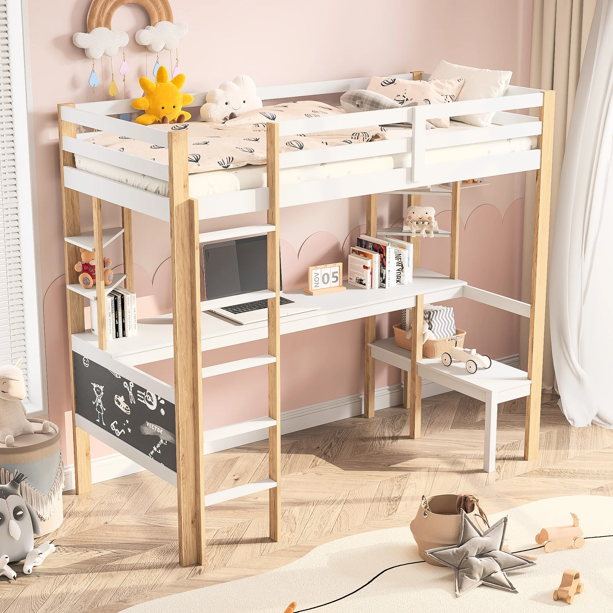 90x200 cm Kinderbett Hochbett mit Schreibtisch, Tafel und Regalen mit Lattenrost und Fallschutz-Einzelbett