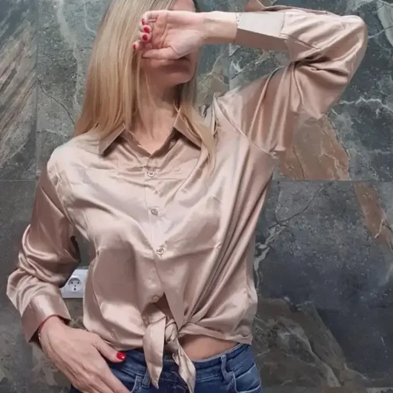 Spring Fashion Button Up Satin Silk Shirt Vintage Blouse Women White Tops Lady Long Sleeves Female Loose Street Shirts 11355