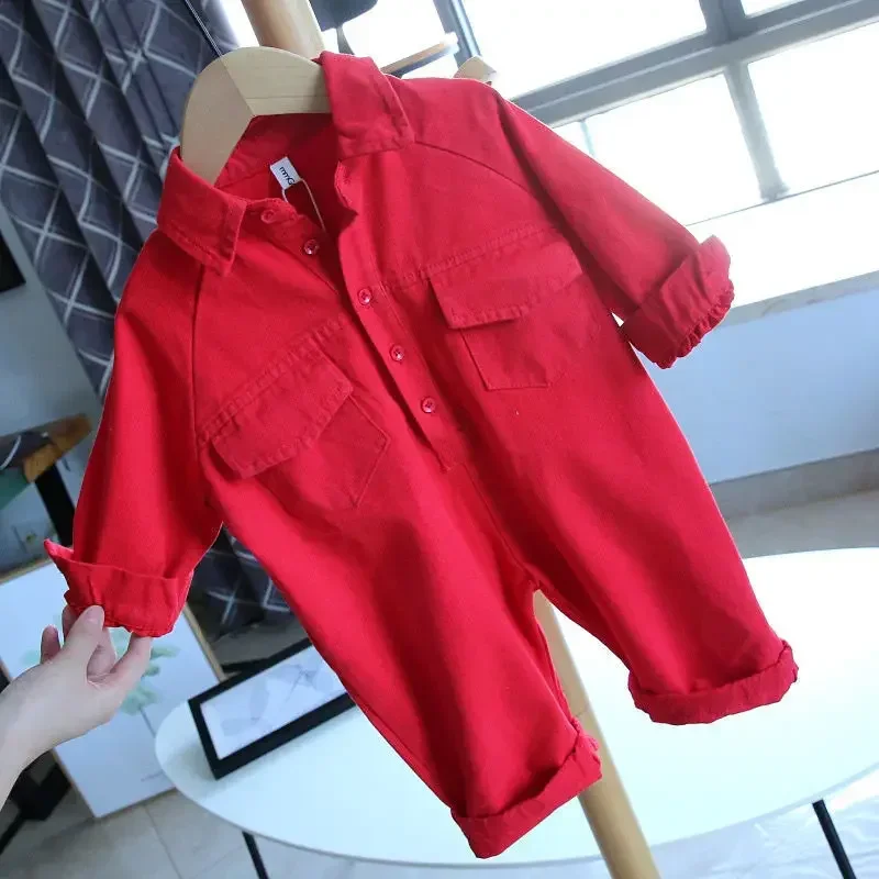 Red Baby Romper Spring Autumn Long Sleeve Turn Down Collar Loose Jumpsuit Fashion Boys Girls Overalls Kids Clothing