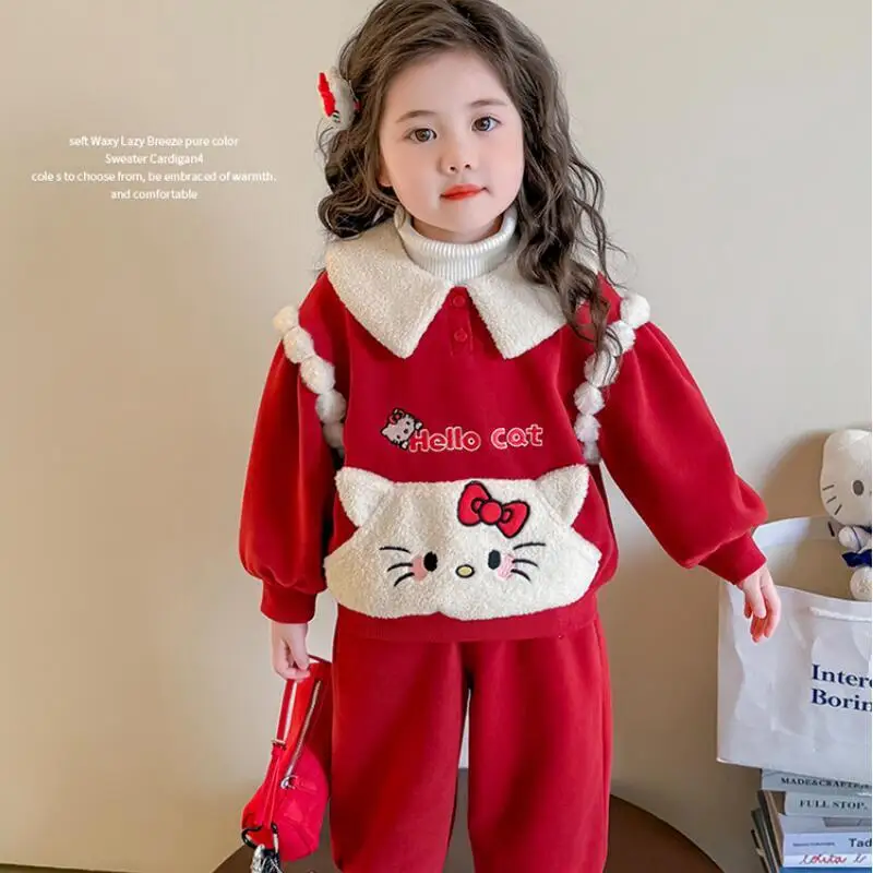 

Christmas Girls' Hellokitty Cartoon Sportswear 2025 Winter New Kawaii Anime Thick Warm Coat 2Pcs Korean Style Fashion Sweet Sets