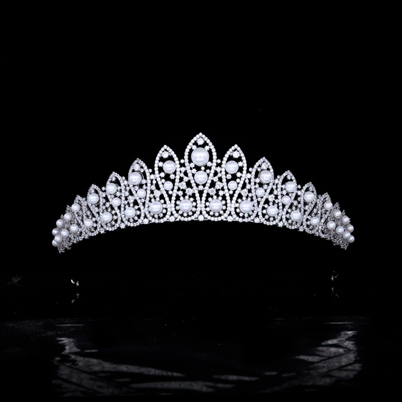 Himstory Luxury Pearl Hair Accessories Bride Wedding Zircon Princess Tiaras Party Birthday Event  Headpiece Jewelries