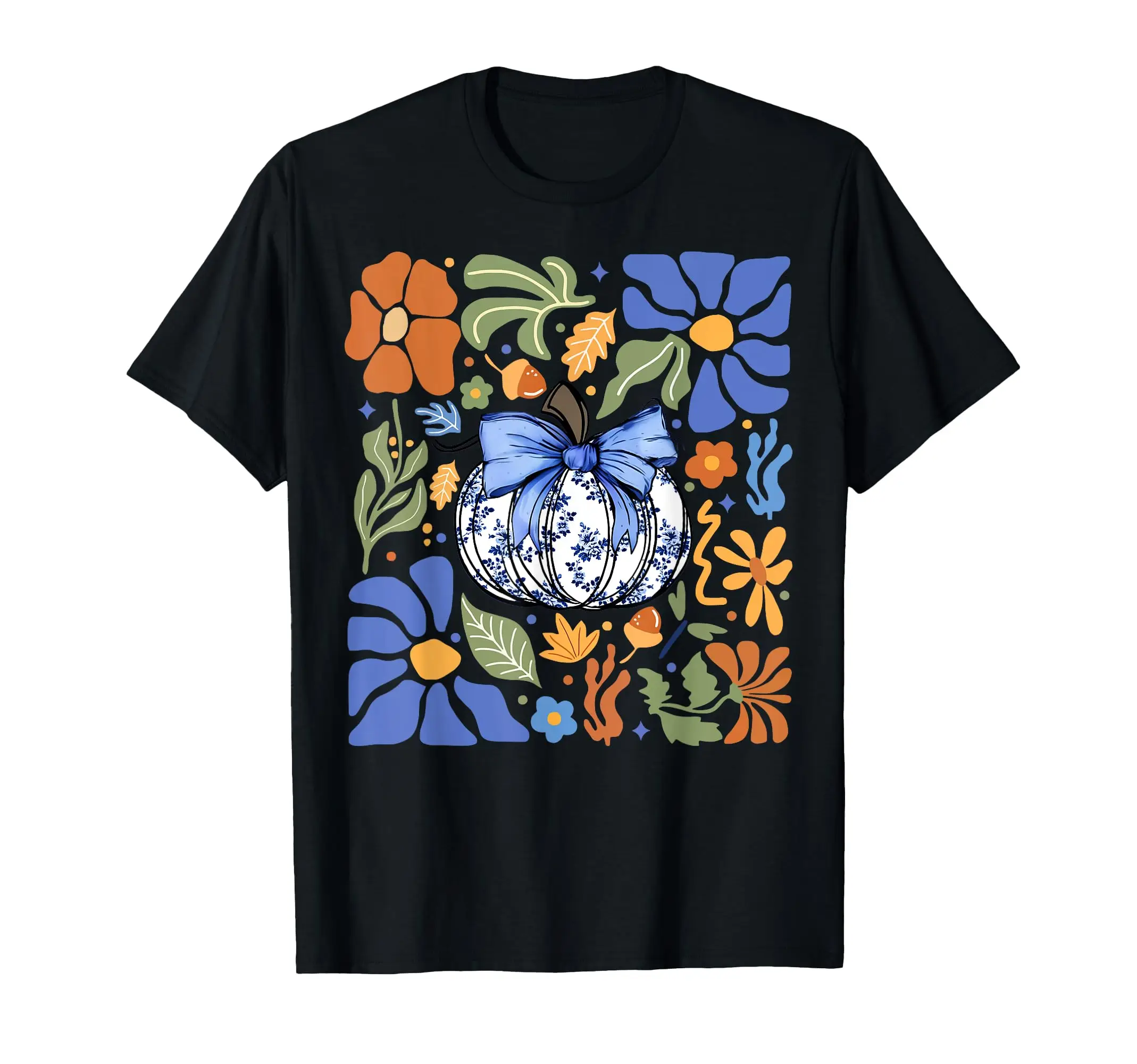 Halloween Pumpkin Chinoiserie Blue & White Florals Pumpkin T-Shirt Classic Logo T Shirt and Stickers, Unisex Adult T Shirt