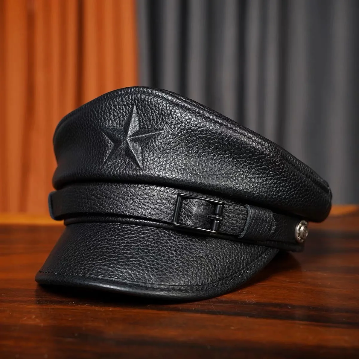 2026 Winter Men/Women Genuine Leather Navy Hats Unisex European/American Streetwear Fitted Black Caps With Belt Outdoor Gorro