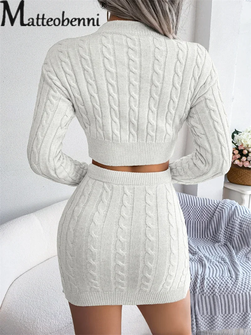 Elegant Twist Knitted Two Piece Set Women Show Belly Short Sweater Elasticated Waist Wrap Hip Skirt Knitwear Female Casual Suits