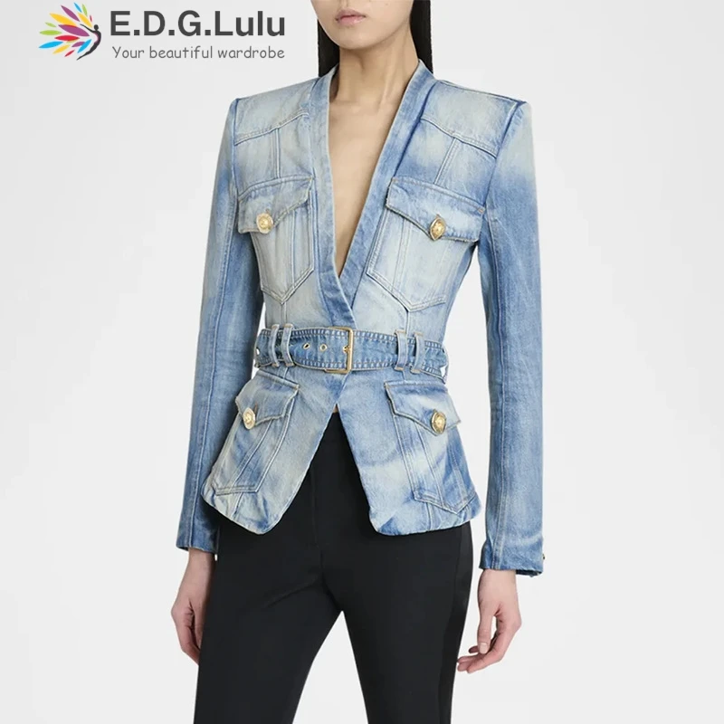 

EDGLuLu Fall 2025 Fashion V-Neck With Multiple Pockets Denim Jacket Woman Leisure Street Long Sleeves Slim Denim Jacket+Belt0907