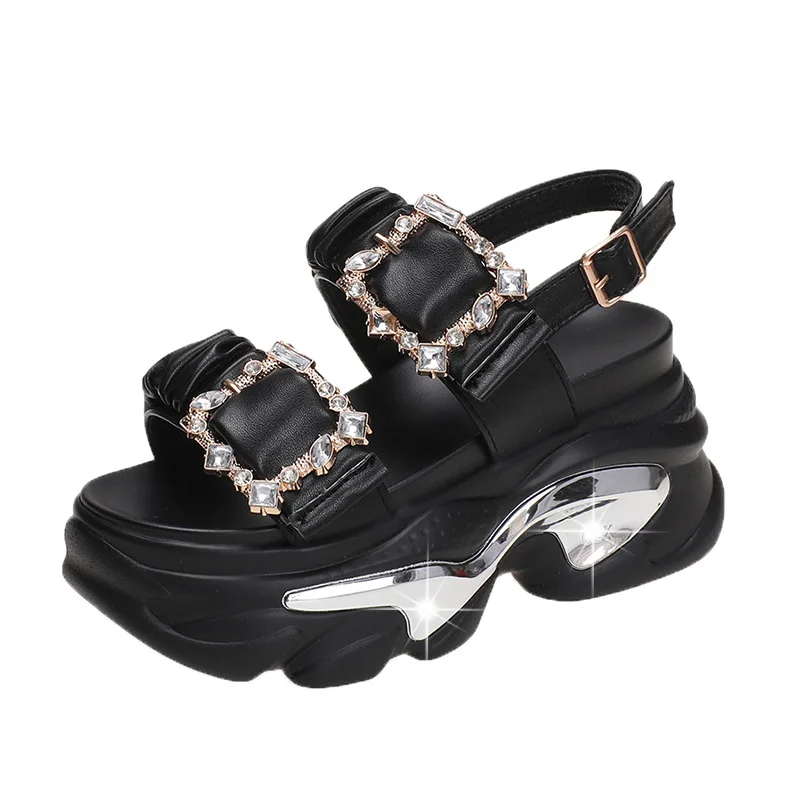 Metal Double Buckle Chunky Sandals Women Summer 2023 Shiny Crystal Platform Sandals Woman Fashion Pleated Thick Bottom Sandalias