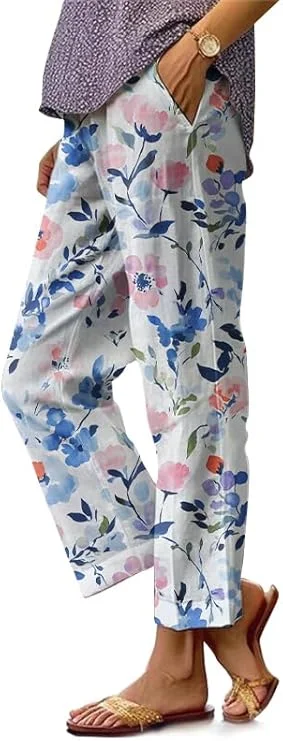 

Straight Leg Pants for Women Oil Painting Floral Print Trousers Trendy Casual Baggy High Waist Boho Summer Loose Pants