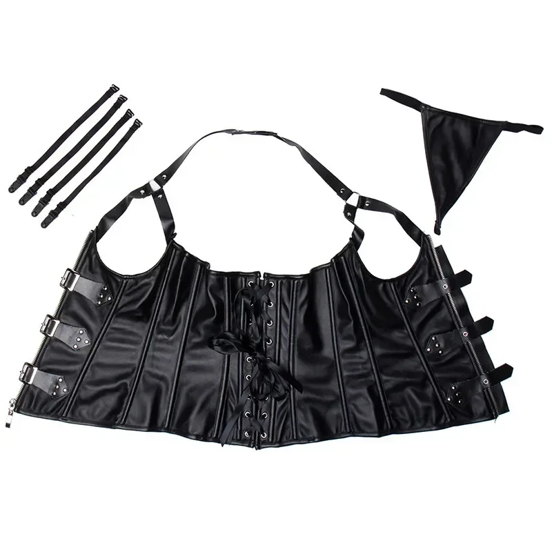 Steampunk الكورسيهات المشدات بولي Leather الجلود مشد الرسن العلوي كورسيليه فوقي للنساء حجم كبير النساء سستة الملابس القوطية