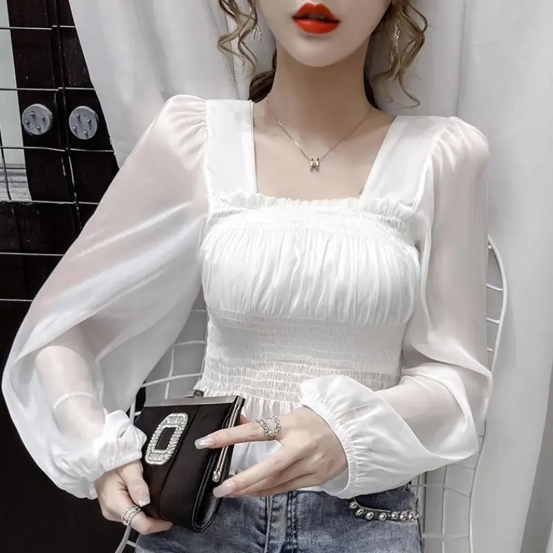 Spring New Long Sleeve Chiffon Short Blouse Slim Solid Color Thin Pleated White Shirt Tops Elegant Temperament Women Clothing