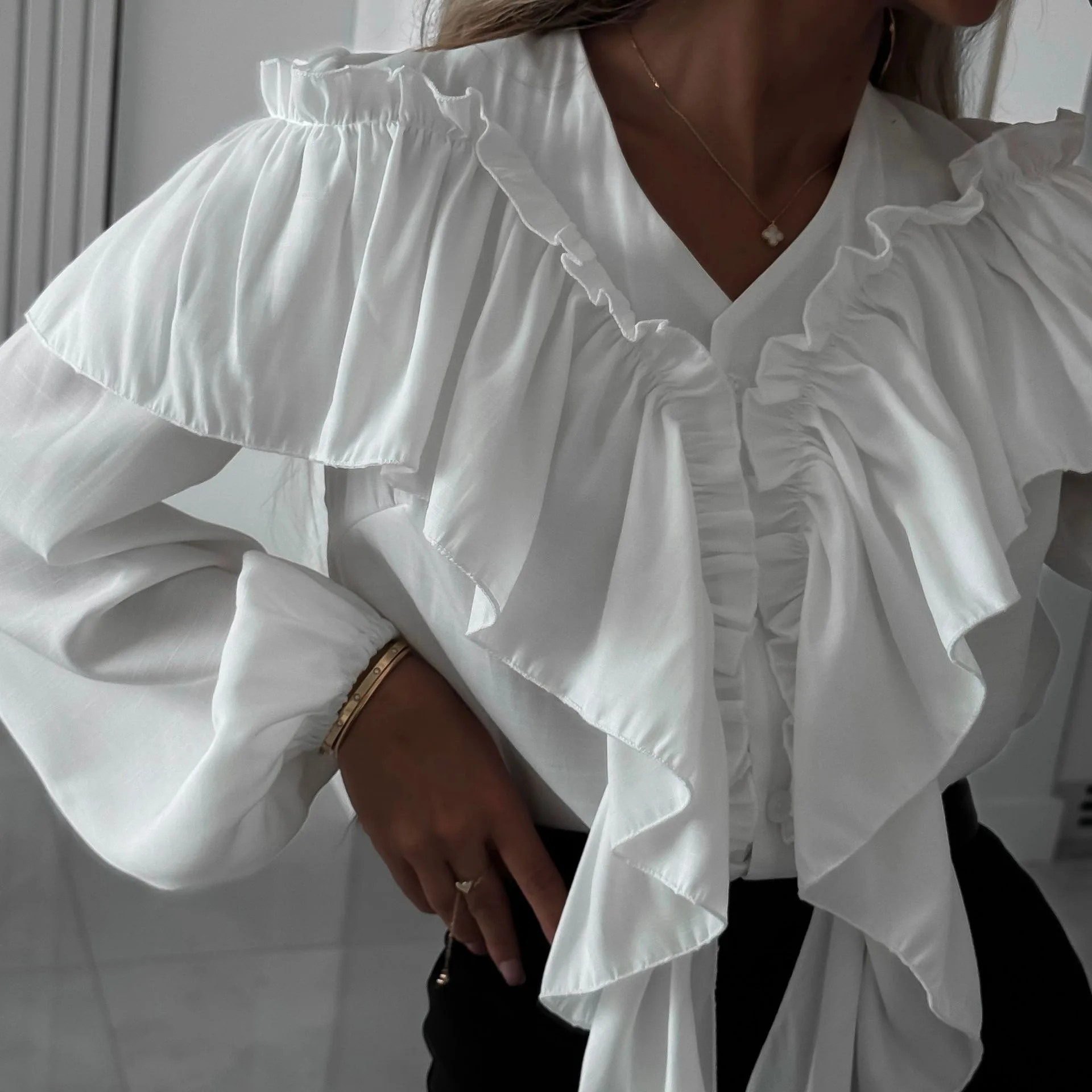 Women's New Spring Autumn Blouse Elegant Workplace Ruffled Design Casual V Neck Sophisticated Top