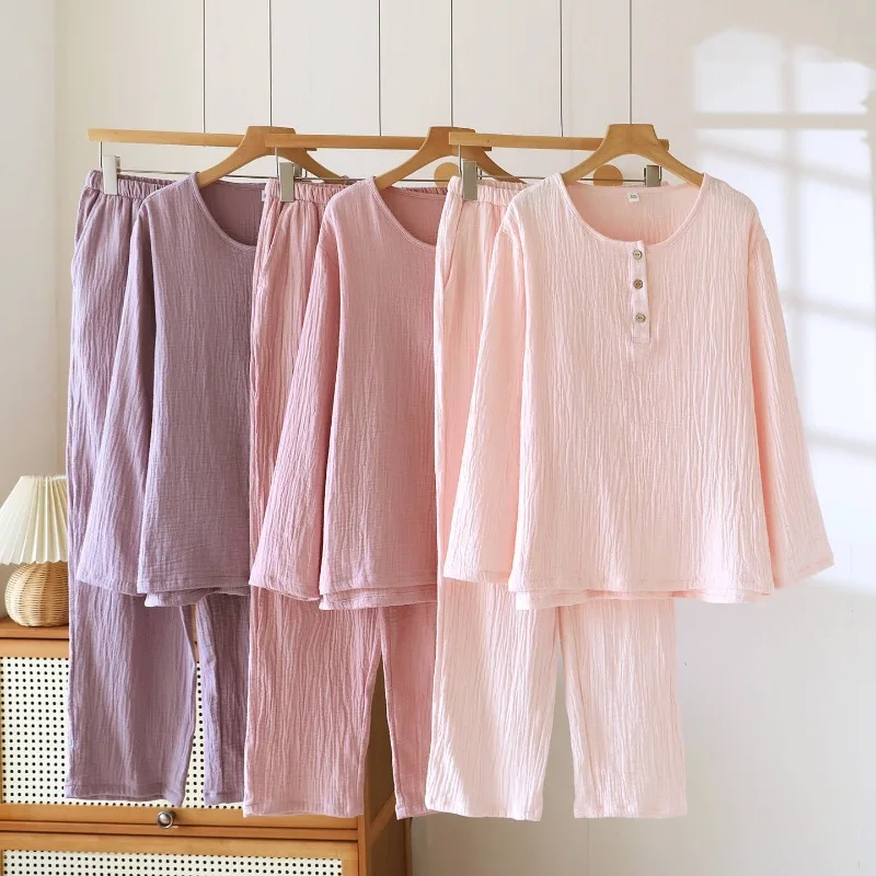 

2025 Spring and Autumn New Couple's Pajama Set 100% Cotton Crepe Cloth Men's and Women's Large Long Sleeve Long Pants Home Set