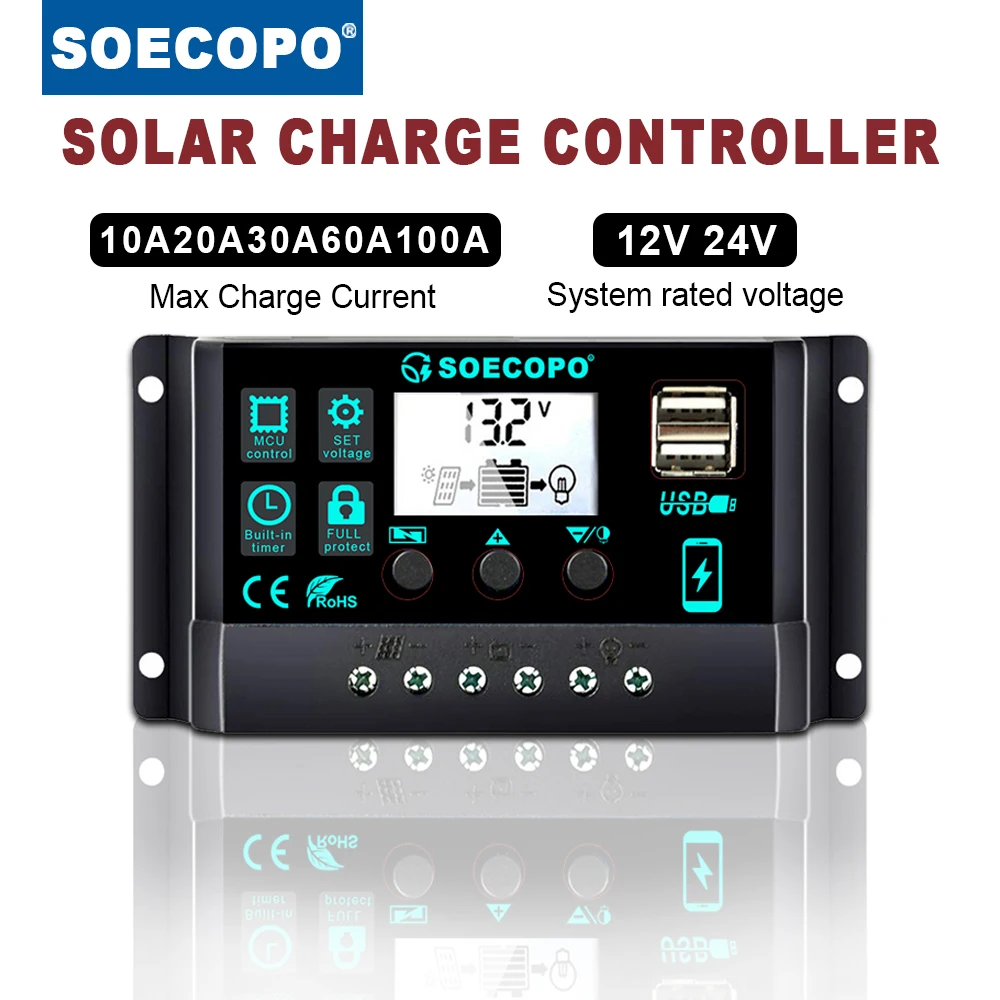 12V/24V 100A Solar Charge Controller AutoSwitch LCD Display with Overcharge/Short Circuit Protection for RV Boat Off-Grid System