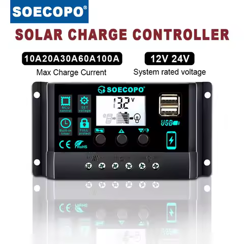 12V/24V 100A Solar Charge Controller AutoSwitch LCD Display with Overcharge/Short Circuit Protection for RV Boat Off-Grid System