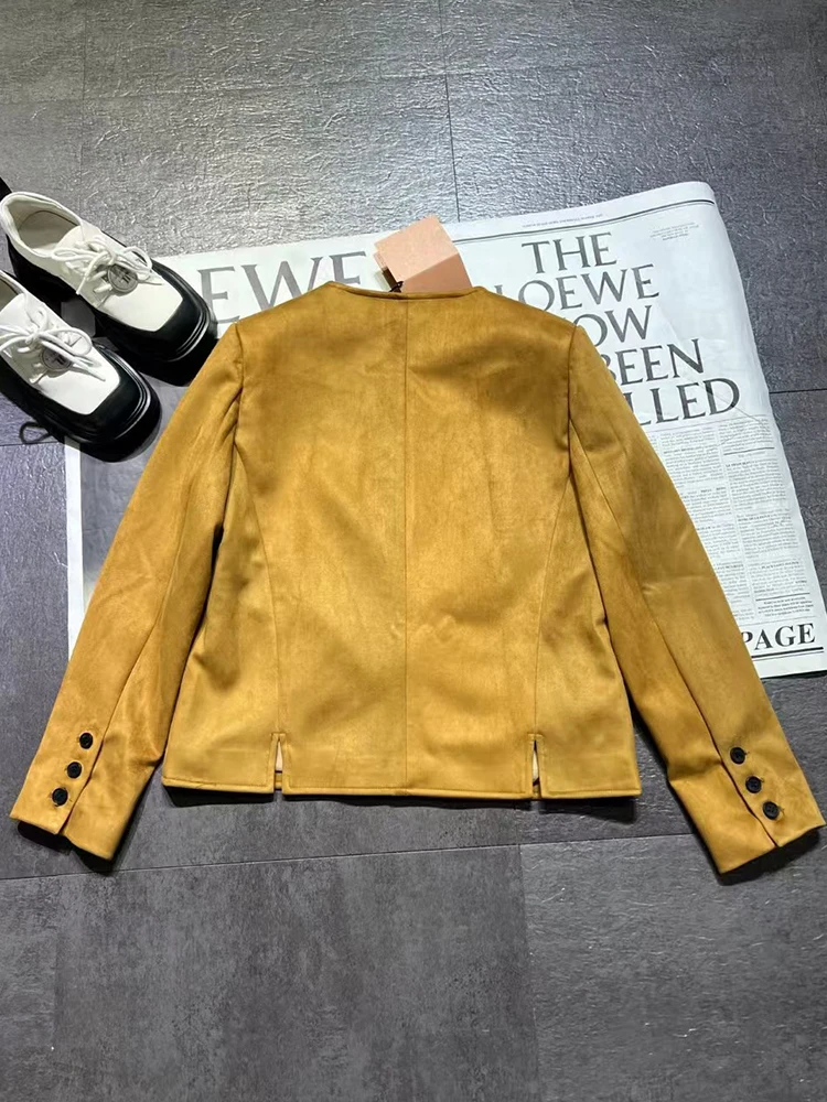 Designer vintage suede crew neck single breasted short jacket for Fall 2024 women's new fashion all-match side pocket jacket