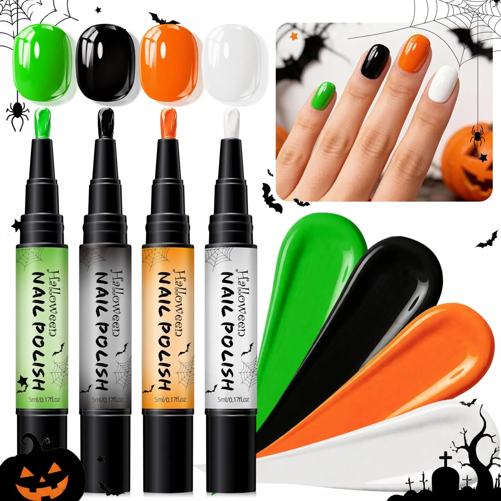 4pcs Halloween Manicure Supplies Nail Gel Paint Pen Water-baseds Nail Polishs Pen Graffiti Painting Brush Nail Arts Design Gel