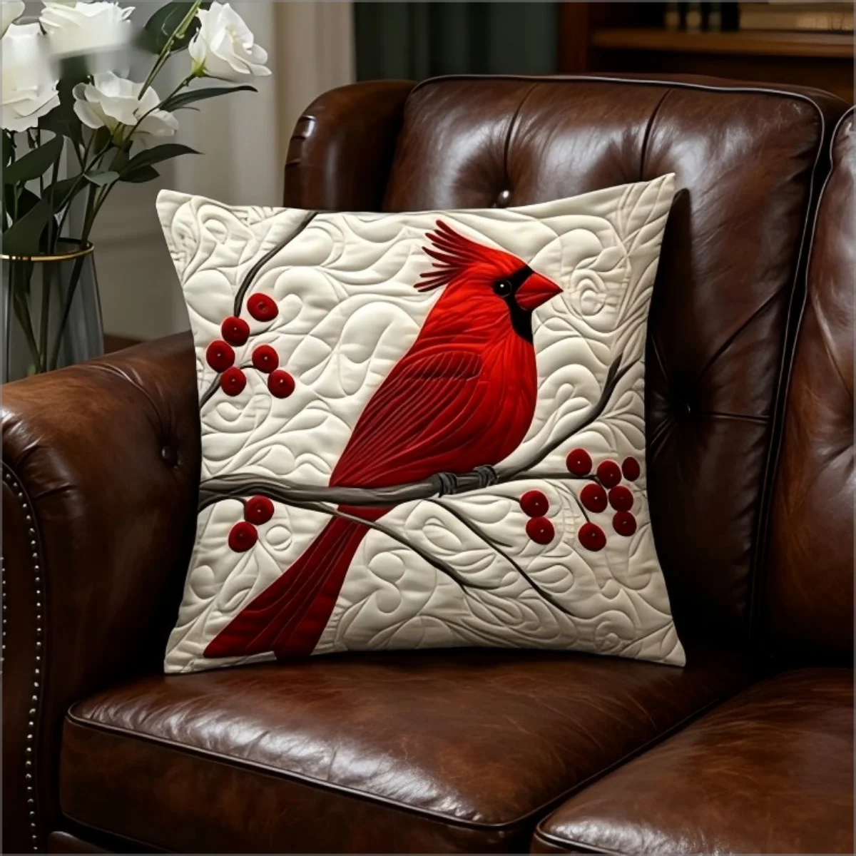 Red Cardinal Bird Pillow Cover 2D Faux Embroidery Quilted Print Winter Berry Branch Cushion Case for Sofa Bed Couch Home Decor