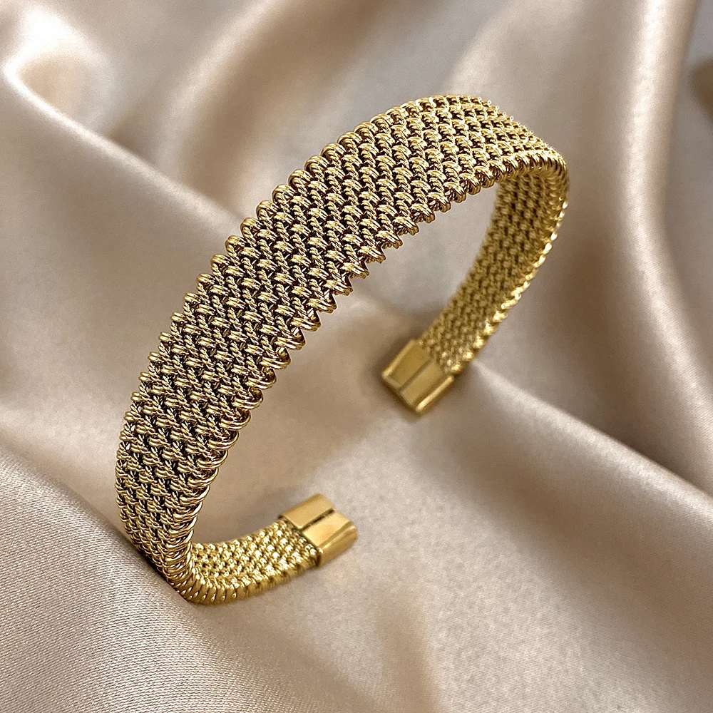 Flashbuy Stainless Steel Open Bangle For Women Vintage Fashion Gold Color Woven Metal Cuff Bracelet Statement Wrist Jewelry