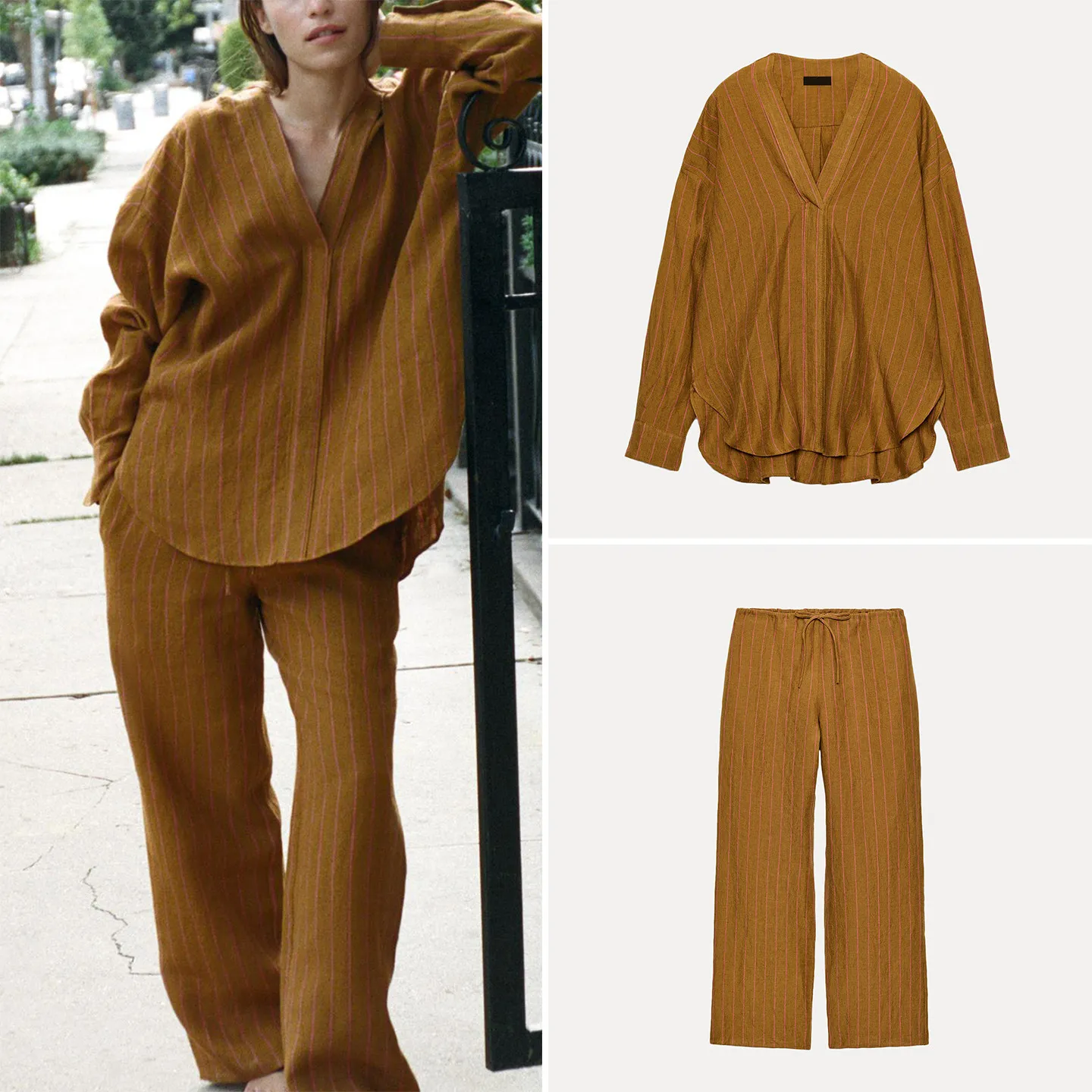 Fashionable Striped Long Sleeve V-Neck Shirt And Mid-Waist Pants Women's Autumn Outfit ZADATA Brand Two-Piece Set