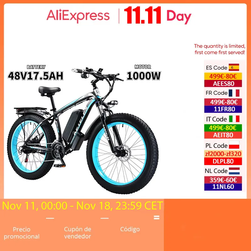 K800 E Bike 1000W Motor 48V17.5AH Lithium Battery Hydraulic Brake Electric Bicycle 26-Inch Fat Tire Mountain Electric Bike