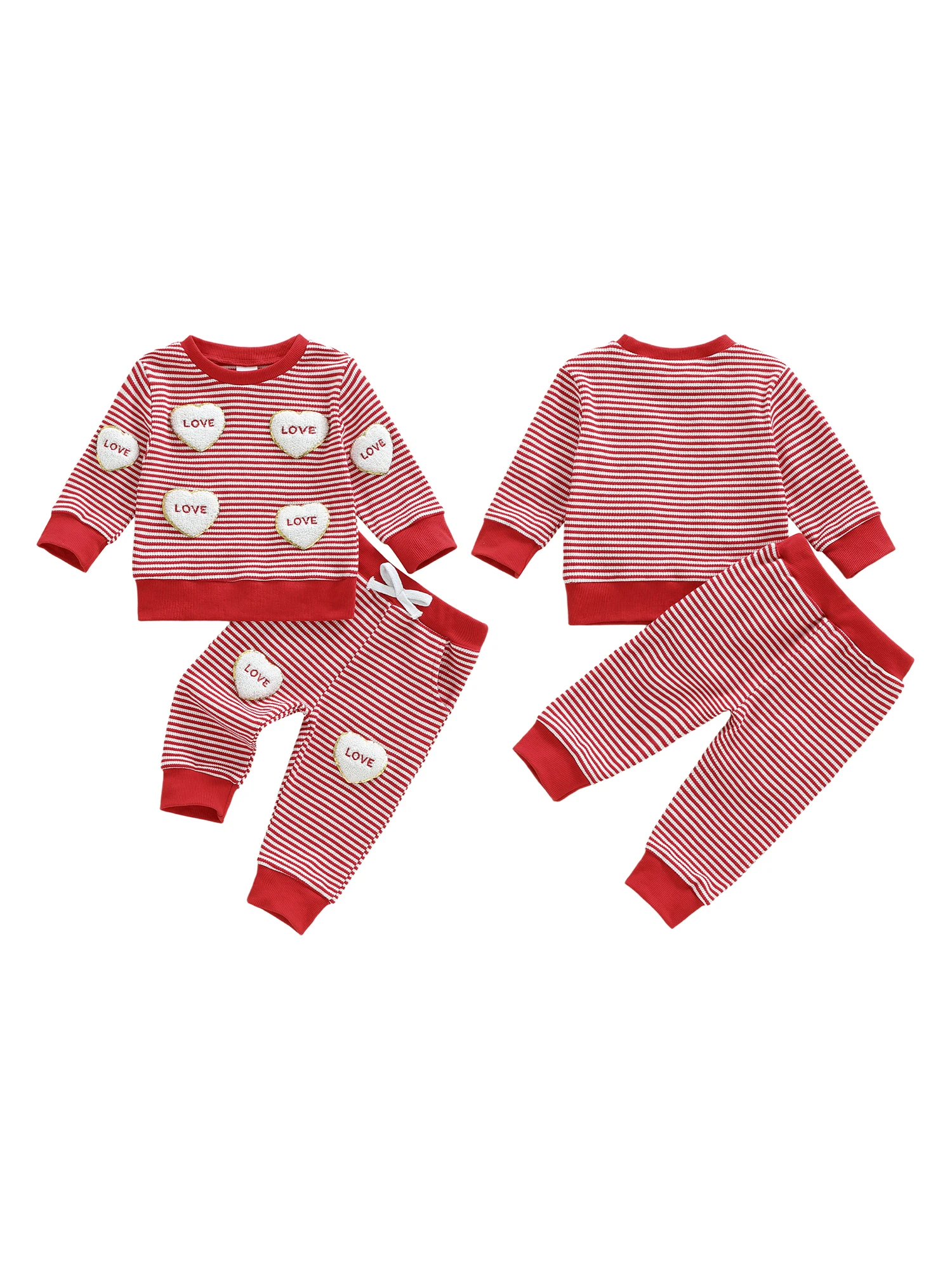 طقم ملابس للأطفال الصغار مكون من قطعتين على شكل قلب وأكمام طويلة ورقبة دائرية مخططة ومجموعة سراويل بخصر مطاطي