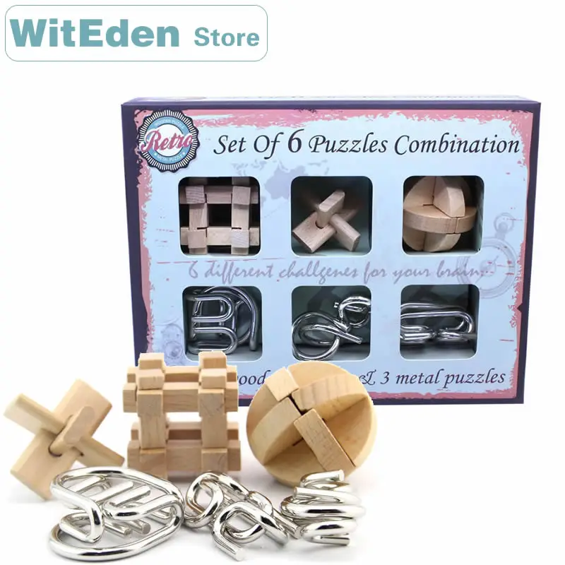 Wooden Puzzles mix 3D Metal Puzzles 6PCS/Set Combination Kong Ming Lock Wire Intelligence Buckle Interlocked IQ Collection Toys