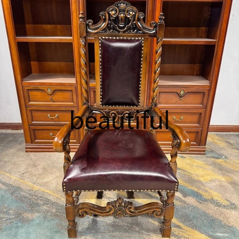 

Retro solid wood carving flower high back dining chair, living room, leather armrest negotiation chair small apartment