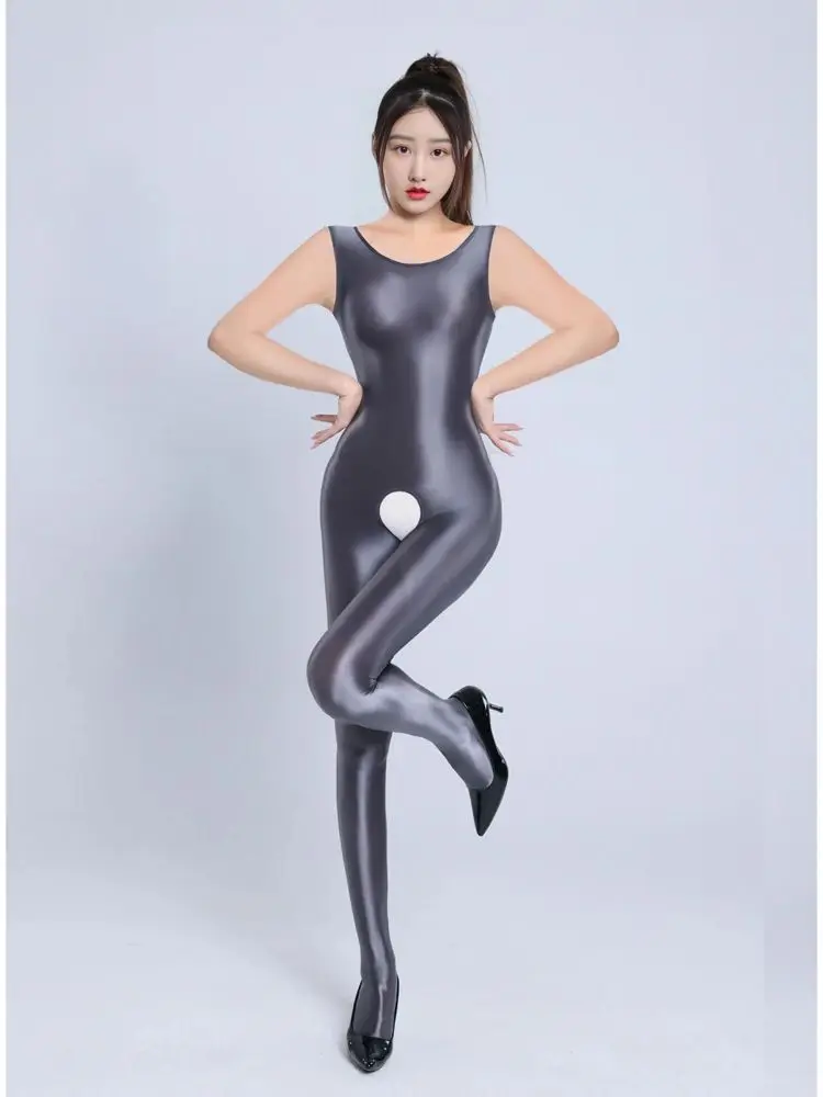 M XL Unisex Sleeveless Tank Catsuit Glossy Shiny Bodystocking Crotchless Open Crotch Bodysuit Tights Sexy Leotard Conjoined Body