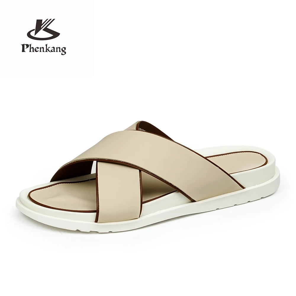

Men Cross Strap Slide Sandals Genuine Leather Open Toe Slippers Thick Sole Casual Beach Walking Shoes For Summer Daily Wear