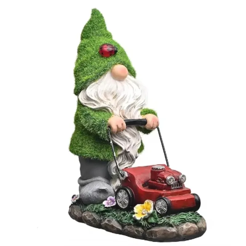 

Waterproof Garden Outdoor Four Seasons Flocking Dwarf Push Lawn Mower Resin Light Emitting Diode Statue Solar Decoration