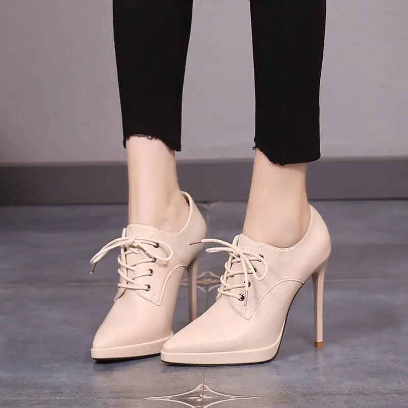 CACA 10cm High Heels Women Naked Boots,Platforms Winter Shoes Ankle Booties,Sexy Laces Botas,Pointed Toe,Black,Beige,Dropship