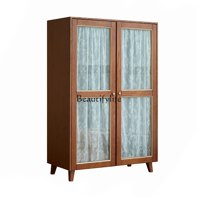 

*Retro double door wardrobe solid wood storage gauze curtain Chinese glass adult cabinet