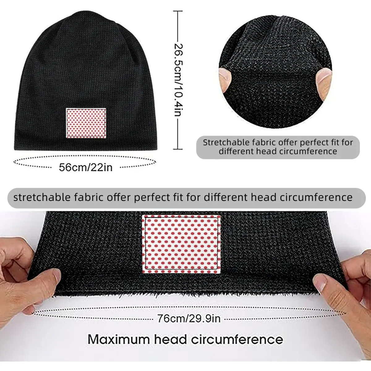 Red Polka Dot On White Waffle Knit Fleece Lined Beanie with PU Leather Patch Unisex Warm Winter Soft Cap