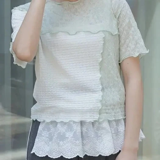 

Женская блузка, элегантная и прочная, милая кружевная универсальная базовая рубашка нестандартной формы, модные летние женские топы с короткими рукавами Femme