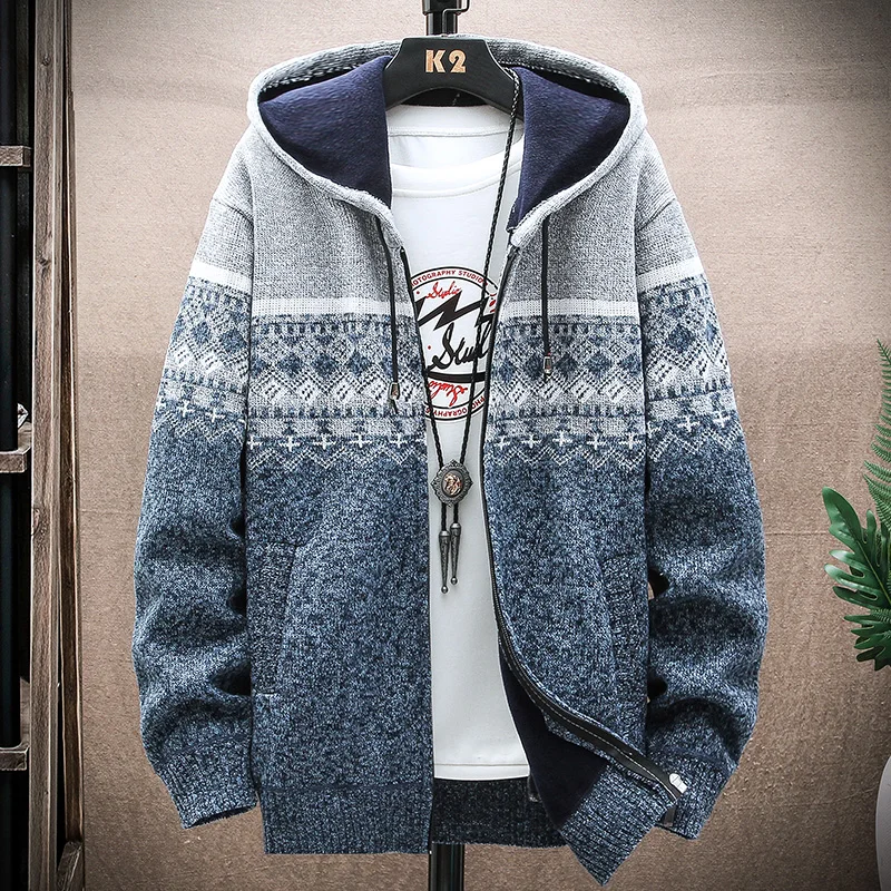 Men Hooded Cardigan Sweater 2024 Autumn Winter New Zipper Knitted SweaterCoat Stitching Colorblock Jackets Fashion Male Clothing