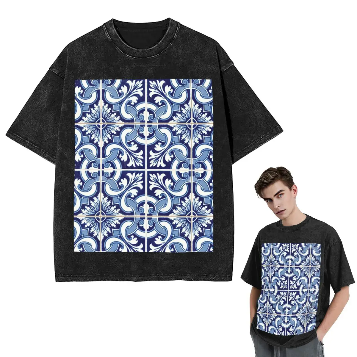 Streetwear T-Shirts Azulejo Lisbon Azulejos Lisboa  Washed T Shirt Short Sleeve Hip Hop T-Shirt Tops Tees for Men Women