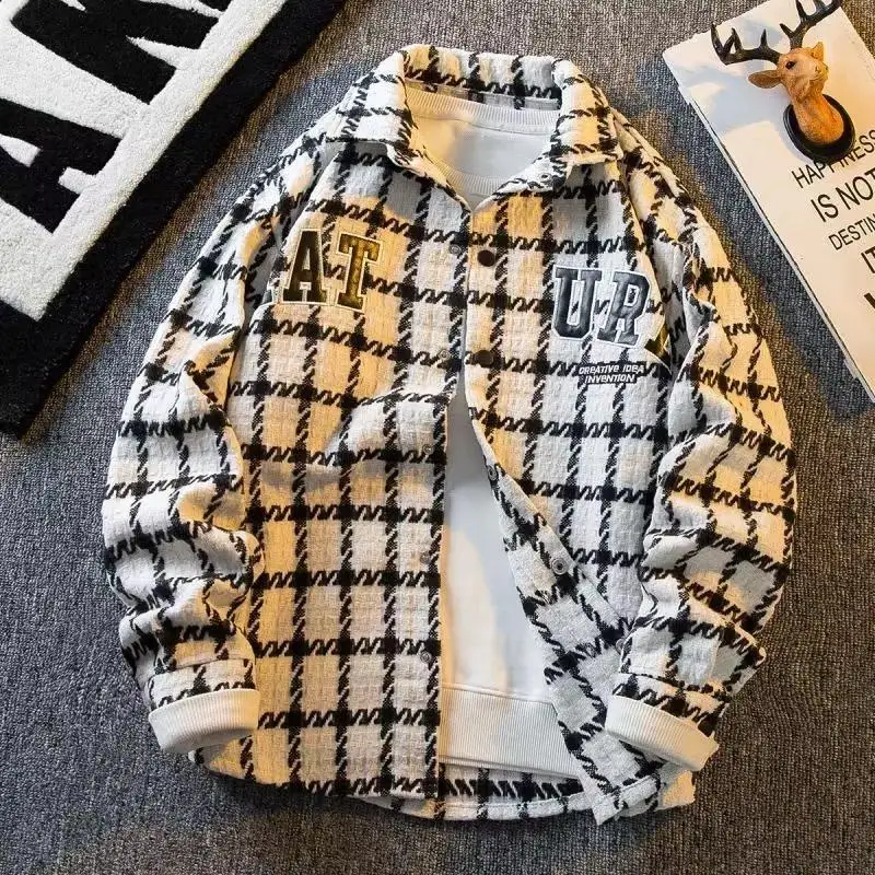 

Fashion Patterns Embroidery Plaid Jackets And Coats Men Y2K New Trendy Casual Retro Loose Plaid Baseball Uniform for men