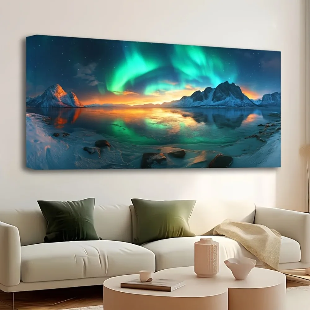 

1.5 inch thick pine frame, snow mountain aurora landscape painting, home and dormitory wall decoration