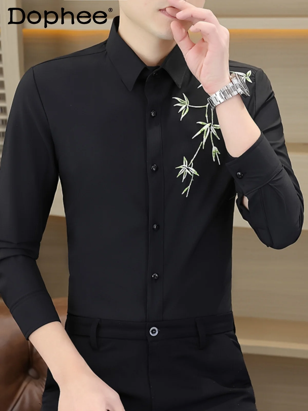 Printed Shirts Men's Long Sleeve 2024 Spring Summer Slim-Fit Trendy Male Single Row Multi-Buckle Tops Youth Fashion Casual Shirt