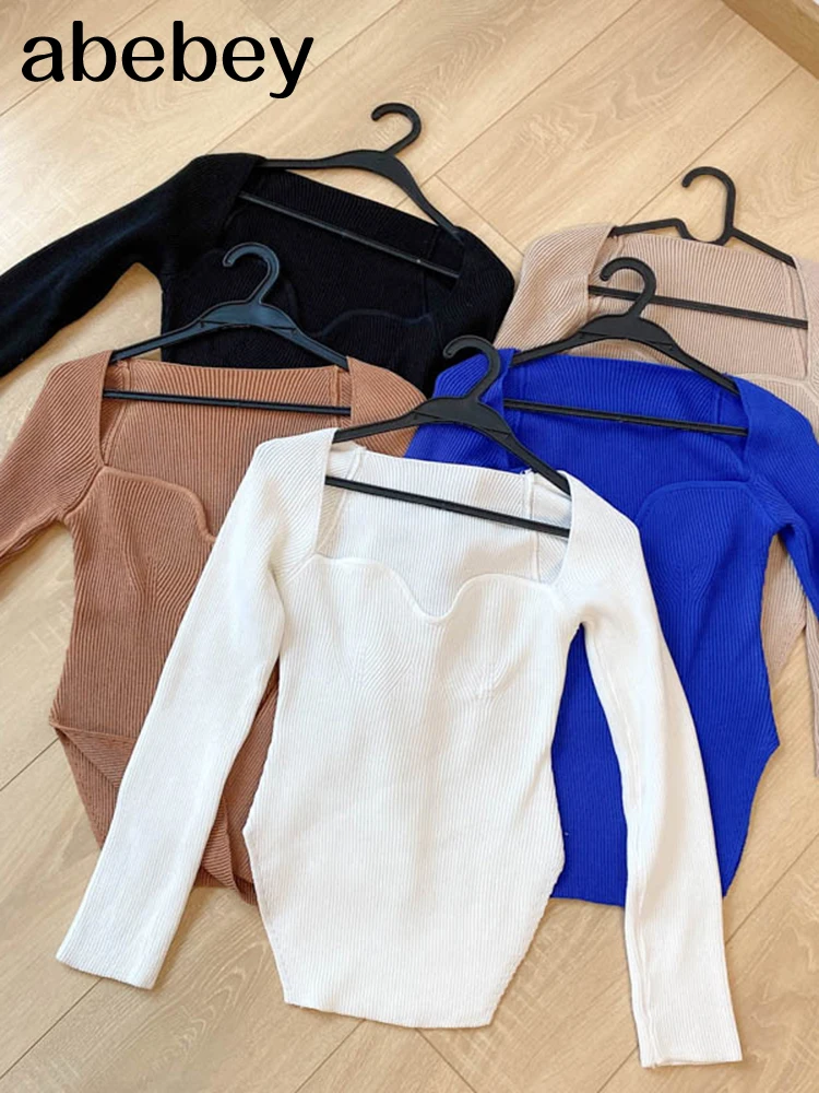 

Square Collar Knitted Pullover Women Spring Autumn Sweater Winter TopsLong Sleeve Woman Sweaters For Women Black White Jumper