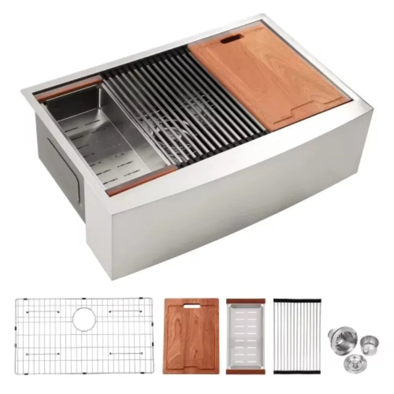 

ATV Modern Kitchen Sink Set Single Bowl With Drain Board 32x22 Inch, Apron Front Modern 304 Stainless Steel Farmhouse