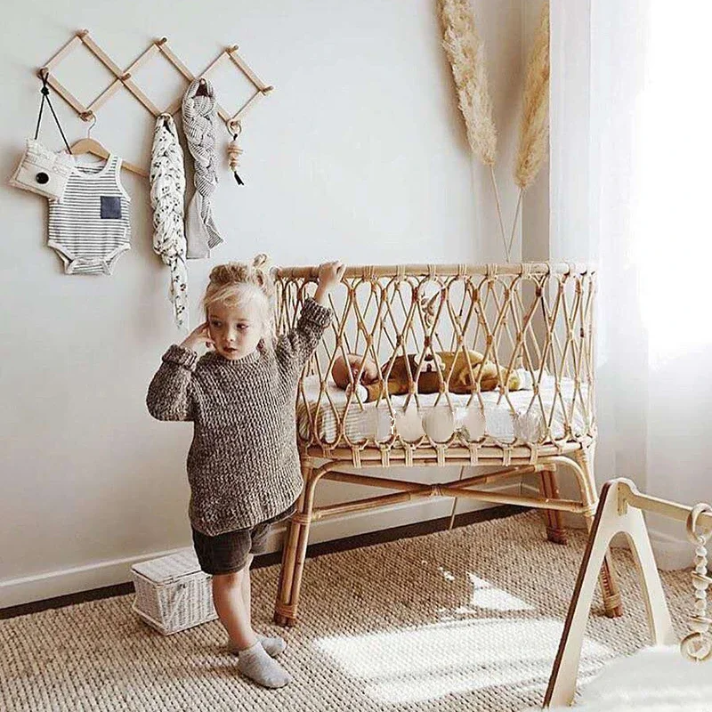 Ins Baby Rattan Bed – French Natural Retro Style, Pure Handmade Unscented Woven Crib, Rattan Children's Bed, Cozy Baby Cradle