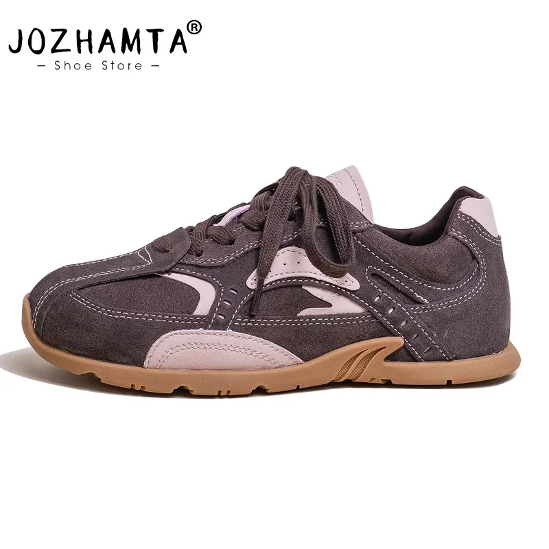 JOZHAMTA Women Sneakers Suede Real Leather Lace-Up Low Heels Shoes 2025 Vintage Tennis Dress Trainer Daily Athletic Size 35-40