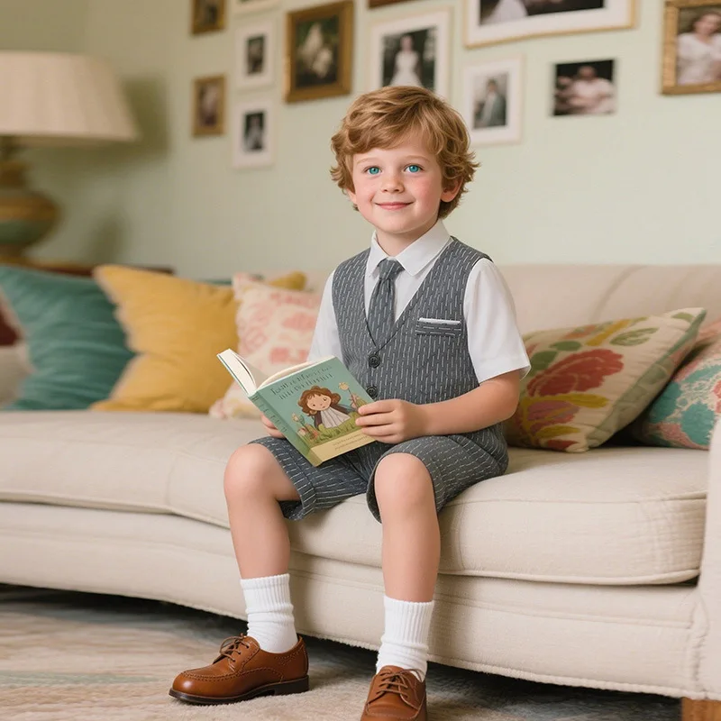 Toddler Boys British Gentleman Outfit Striped Vest Shorts 2pcs Summer Formal Suit Birthday Wedding Party Photograph Costume Kids